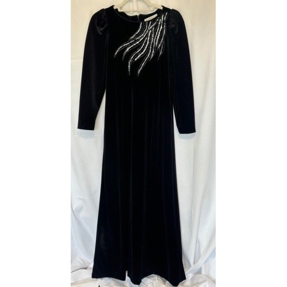 Vintage Tom Bezduda for Barad & Co Black Velvet Sequin Maxi Dress Made in USA